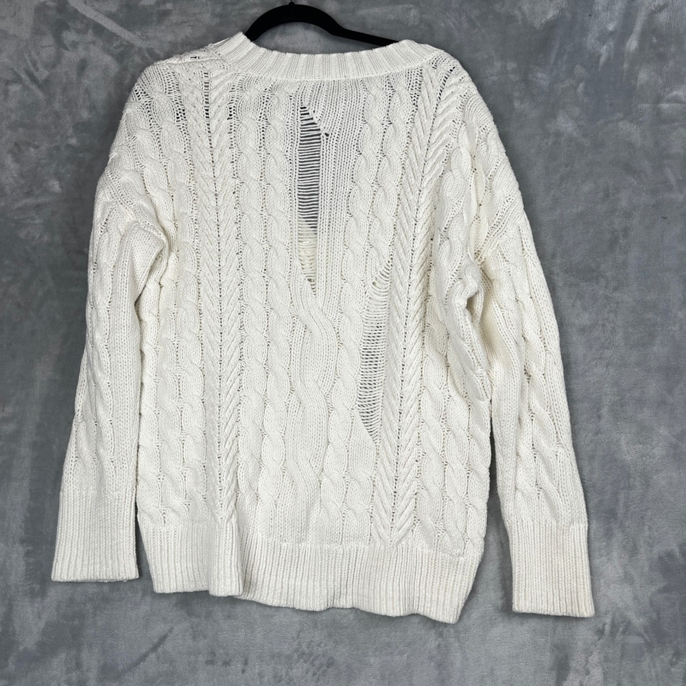 EXPRESS Womens Sweater Cream Cable Knit V Neck Oversized Distressed Medium - Picture 3 of 12